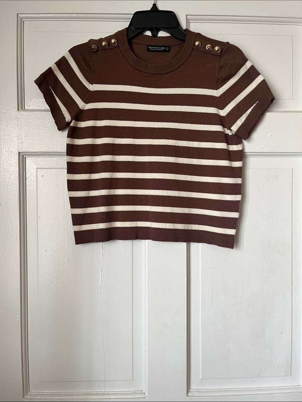 Striped Short Sleeve Sweater with Gold Button Detail - Brown & Cream